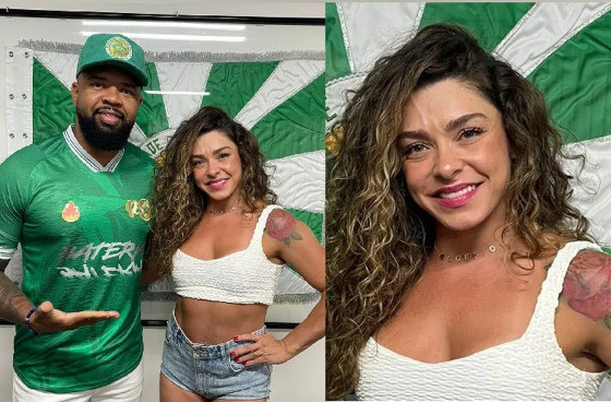 Fabíola Andrade usou um colar com o nome do marido, Rogério Andrade