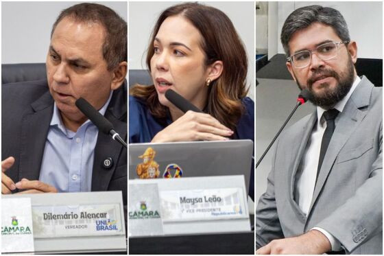 Os vereadores Dilemário Alencar, Maysa Leão e Felipe Corrêa, que criticaram o ex-prefeito Emanuel Pinheiro